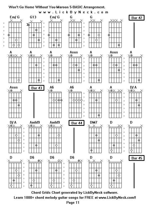 Chord Grids Chart of chord melody fingerstyle guitar song-Won't Go Home Without You-Maroon 5-BASIC Arrangement,generated by LickByNeck software.